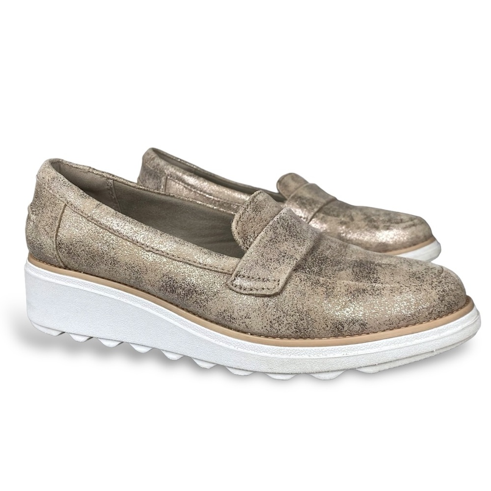 Clark’s Metallic Gold Pewter Sharon Gracie Leather Slip On Wedge Loafer Women’s
